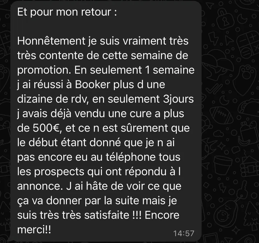 Message de Modeline après sa première semaine